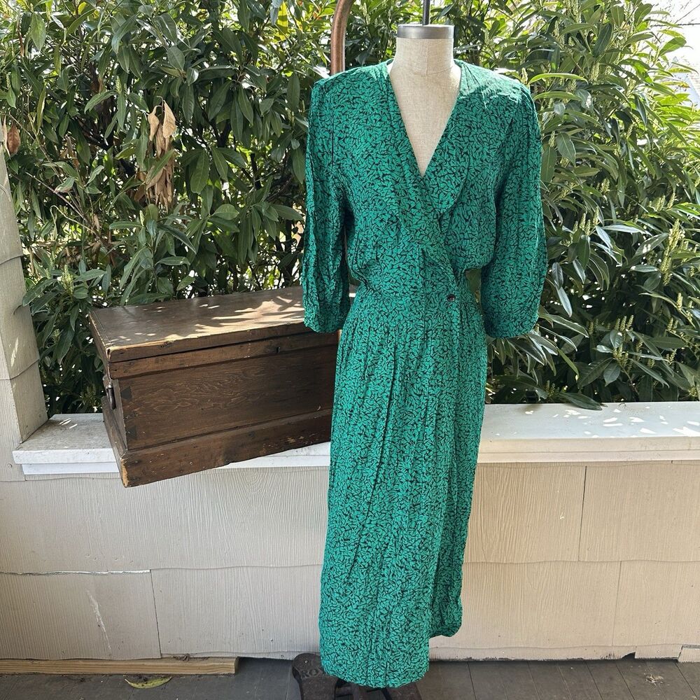 Vintage Green Abstract Print Wrap Midi Dress V Neck Puff Sleeve Retro Chic Sz S